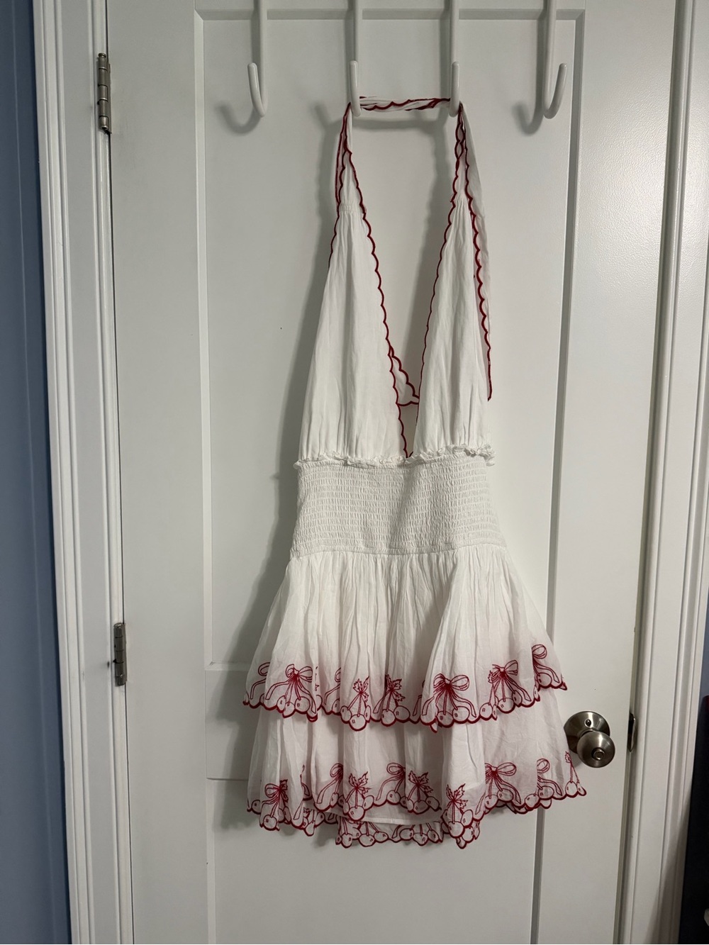 White Halter Tiered Dress with Red Trim